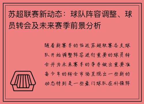 苏超联赛新动态：球队阵容调整、球员转会及未来赛季前景分析